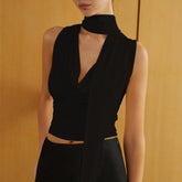 Women's cowl mesh bandage scarf top with ruffle details.